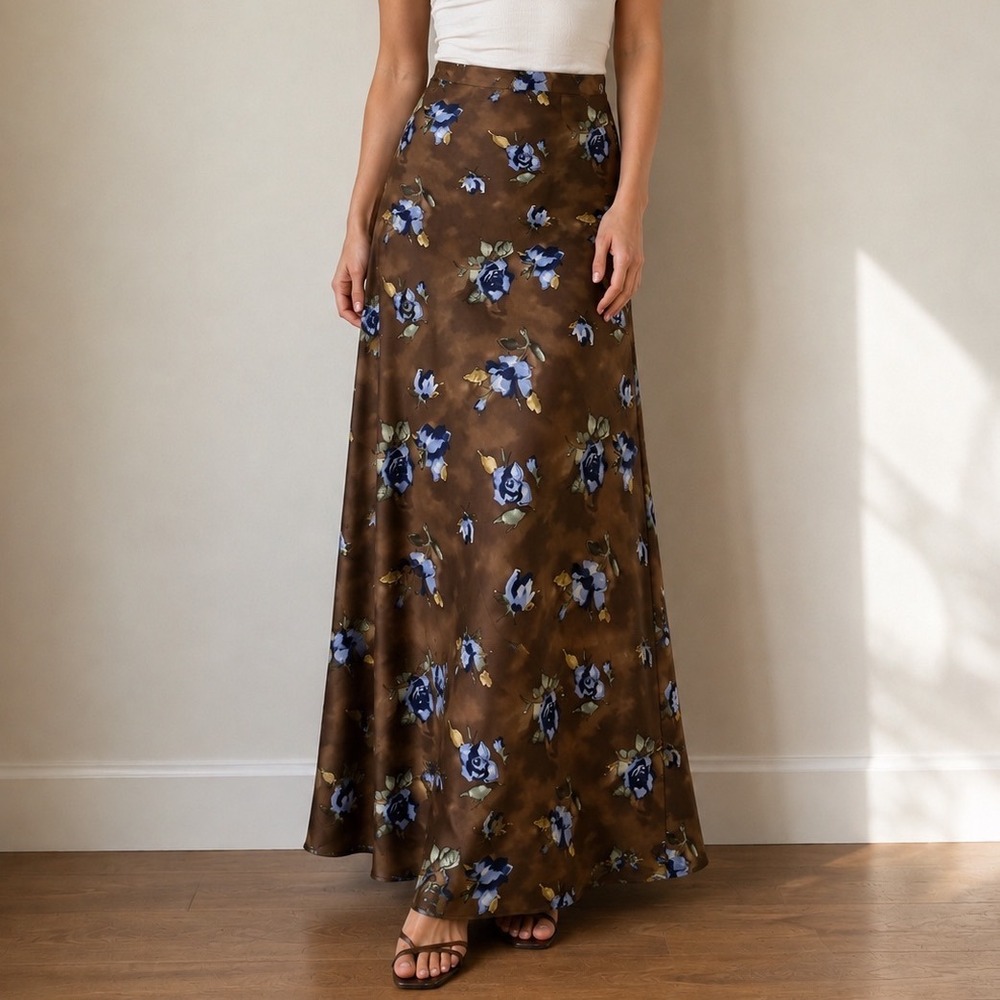 Kathy Ireland Vintage Maxi Skirt Brown Blue Floral Rose Print Size 16 k3